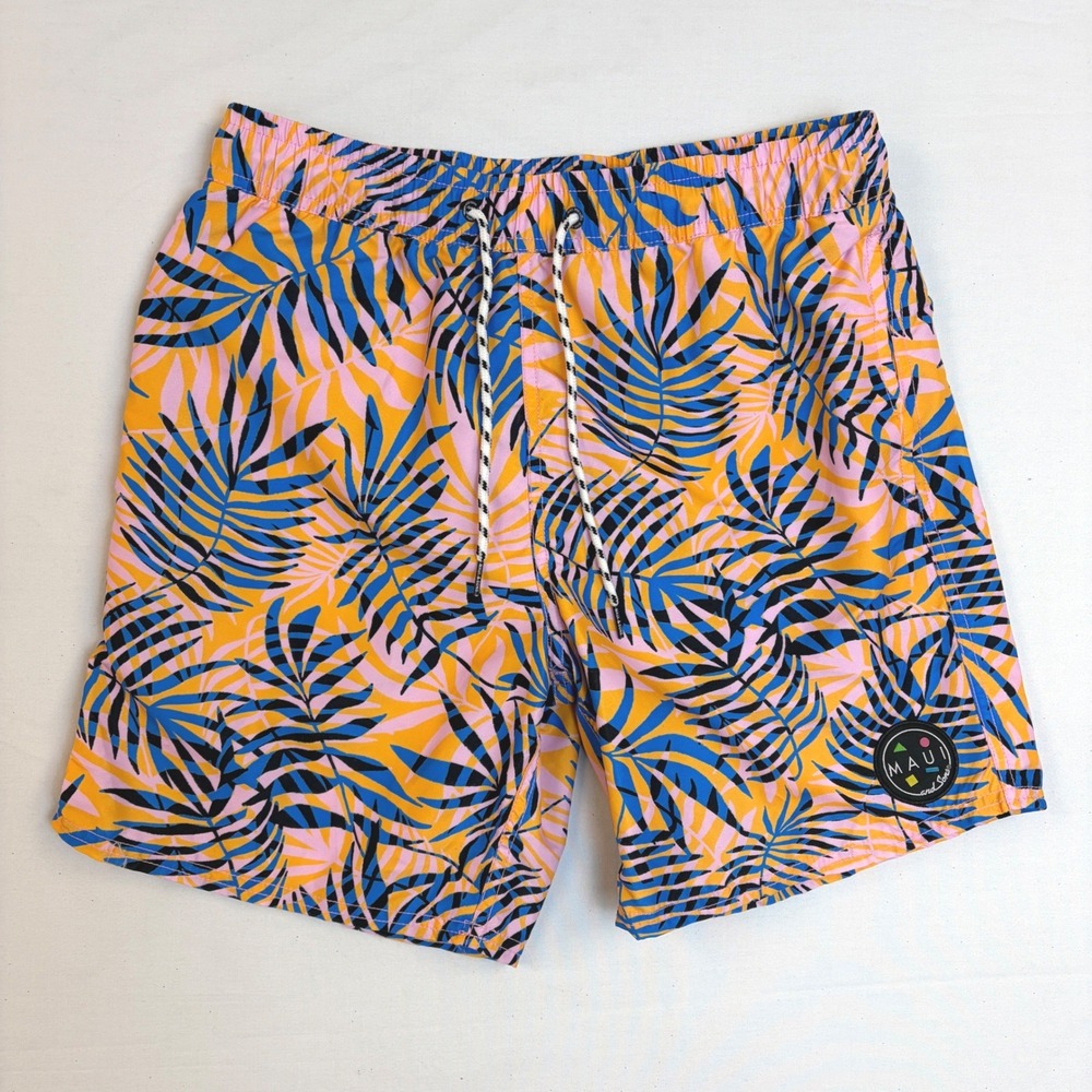 Maui and Sons Mens Tropical Palm Print Swim Trunks Board Shorts Small Pink
